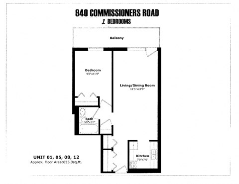 Floor plan for 1 bed, 1 bath, 636 sqft